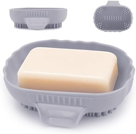 Mabnuby Silicone Self Draining Soap Dish with Bristles Brush Purple Grey