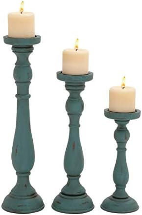 Wood Teal Candle Holders Set of 3 Blue Green