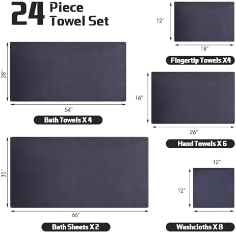 Mixweer 24-Piece Bath Towel Set Dark Grey Microfiber