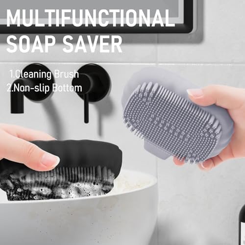 Mabnuby Silicone Self Draining Soap Dish with Bristles Brush Purple Grey