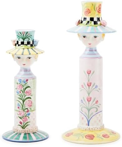 MACKENZIE-CHILDS Set of 2 Rosy Meadow Lady Ceramic Candle Holders