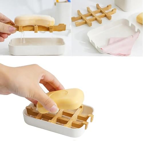 Meokro Soap Dish with Wooden Holder and Tray for Bathroom Storage