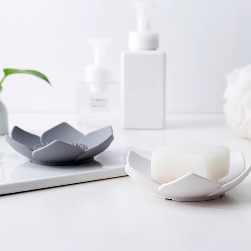 GXMRHWY Silicone Soap Dish Flower Shape Drain Holder Grey