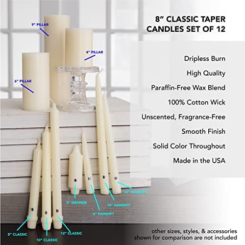Colonial Candle Unscented Taper Candles Classic Collection White 8 Inch Pack of 12