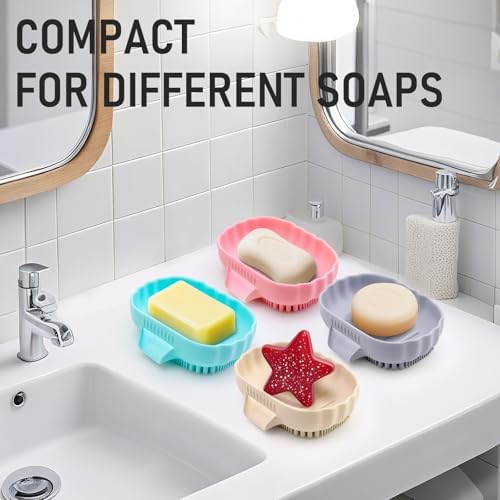 Mabnuby Silicone Self Draining Soap Dish with Bristles Brush Purple Grey