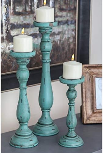 Wood Teal Candle Holders Set of 3 Blue Green