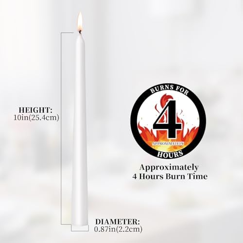 KONNI 08710 Inch White Taper Candles 10 Pack Smokeless Long Burning