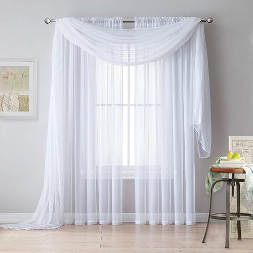 RYB HOME White Sheer Curtains for Canopy Bed 2 Panels