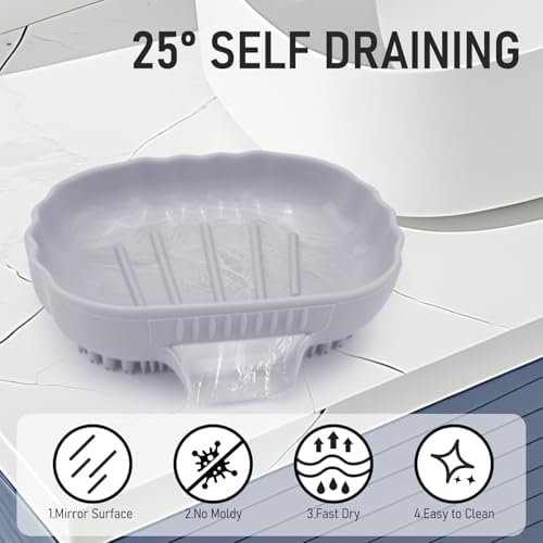 Mabnuby Silicone Self Draining Soap Dish with Bristles Brush Purple Grey