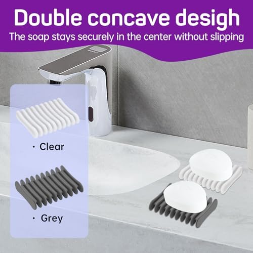 2 Pcs Self Draining Silicone Soap Holder - Waterfall Design Grey