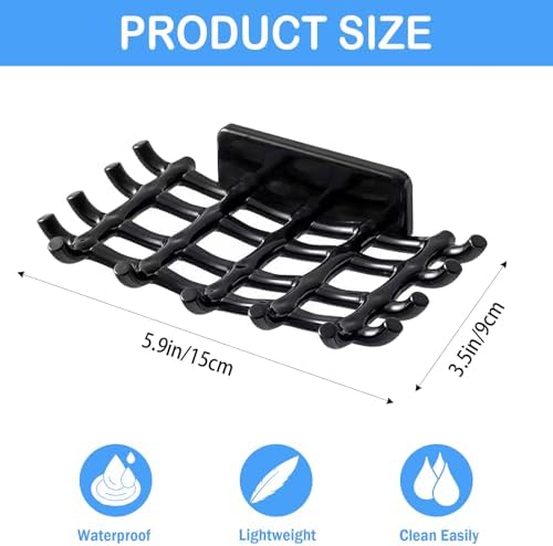EOREA Self-Draining Soap Holder for Shower No Drilling Adhesive Hooks Black