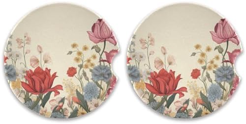 Retro Flowers Car Cup Holder Coasters 2 Pack