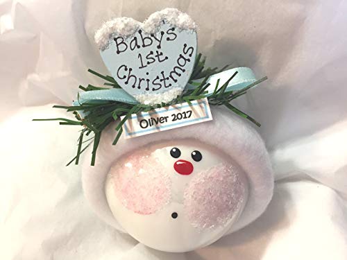 Baby Boy First Christmas Ornament Blue Wood Heart Handmade 1