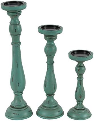 Wood Teal Candle Holders Set of 3 Blue Green