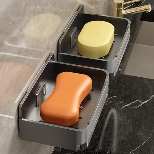 2Pcs Wall Mounted Soap Dish with Drip Tray Grey