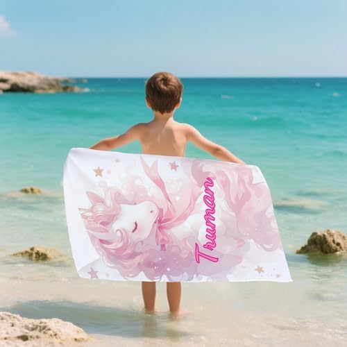 RAMULEN 2025 Custom Beach Towel with Name Striped Unicorn