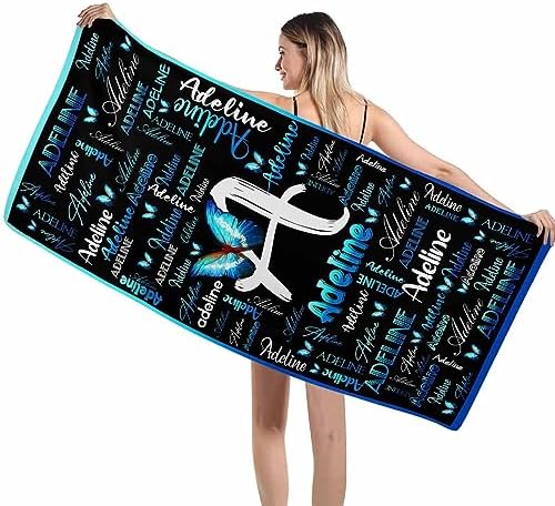 Artsadd Personalized Blue Butterfly Beach Towel with Initials