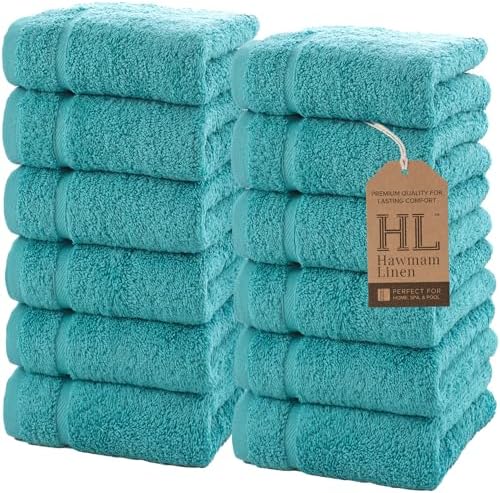 Hawmam Linen Teal Face Towels - 12 Pack 13x13 Inch Luxury Cotton