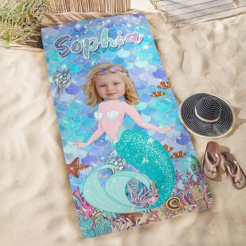 Personalized Mermaid Beach Towels for Kids Custom Name and Photo
