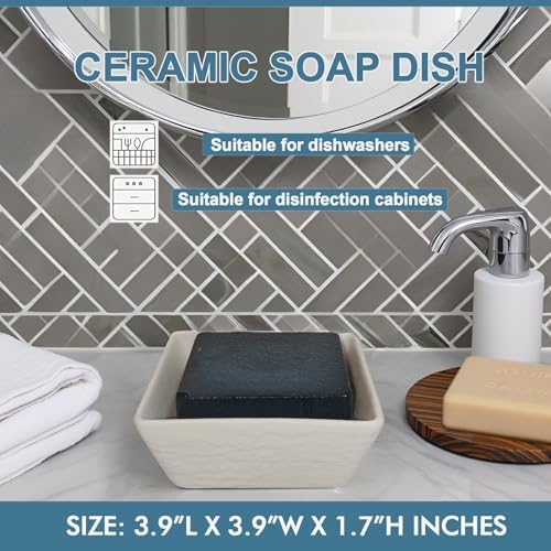 Vonpri Ceramic Soap Dish Non-Slip Square Holder for Bath and Kitchen