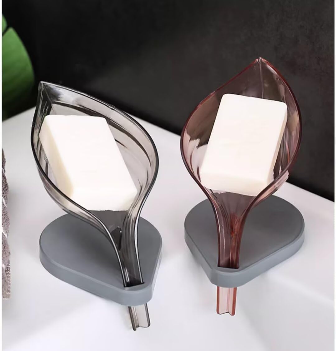 FABEILAI Leaf-Shape Soap Dish Holder Self Draining Gray