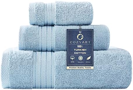COZYART 3Pcs Light Blue Turkish Cotton Towel Set