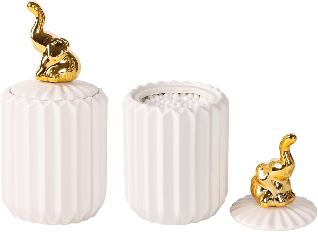 Tonxx Q-Tip Holder Dispenser with Lids 2 Pack White Ceramic Jars