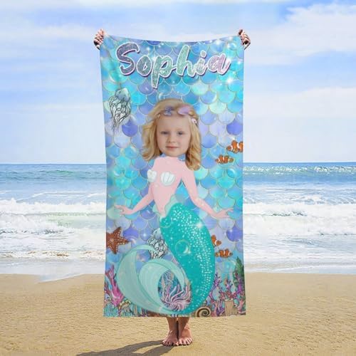 Personalized Mermaid Beach Towels for Kids Custom Name and Photo