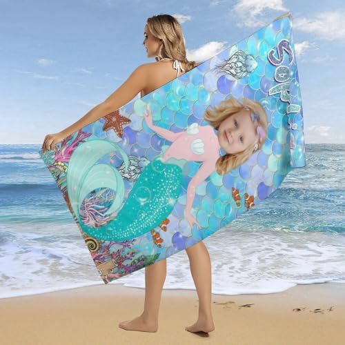 Personalized Mermaid Beach Towels for Kids Custom Name and Photo