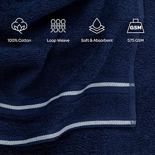 8-Piece Cotton Towel Set - Navy Blue with White Stripes