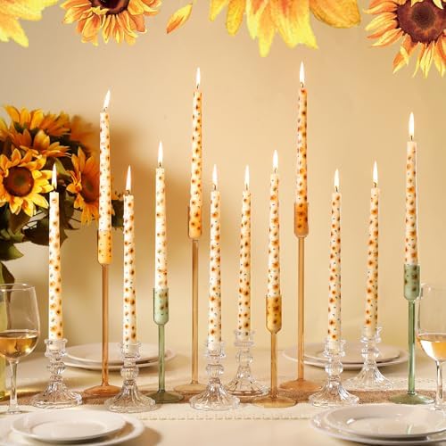 12 Pcs Taper Candles with Sunflower Design for Christmas Celebrations