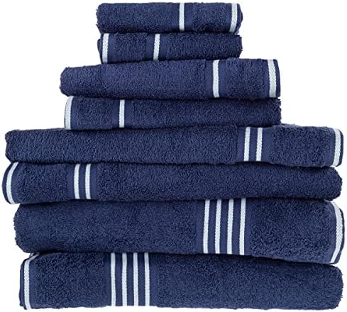 8-Piece Cotton Towel Set - Navy Blue with White Stripes