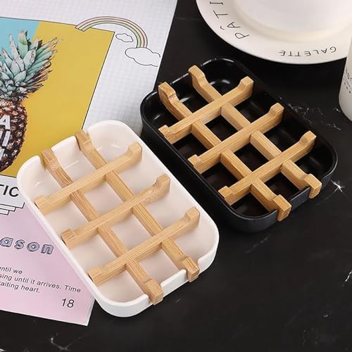 Meokro Soap Dish with Wooden Holder and Tray for Bathroom Storage