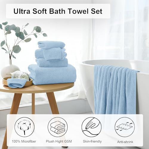 8 Piece Blue Family Towel Set - Large Bath Towels Hand Towels Washcloths