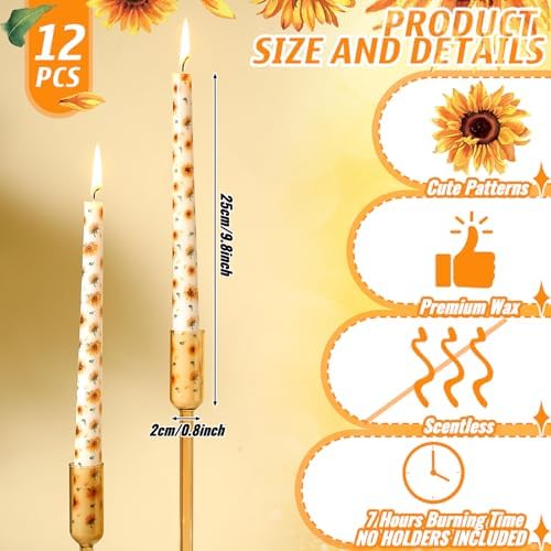 12 Pcs Taper Candles with Sunflower Design for Christmas Celebrations