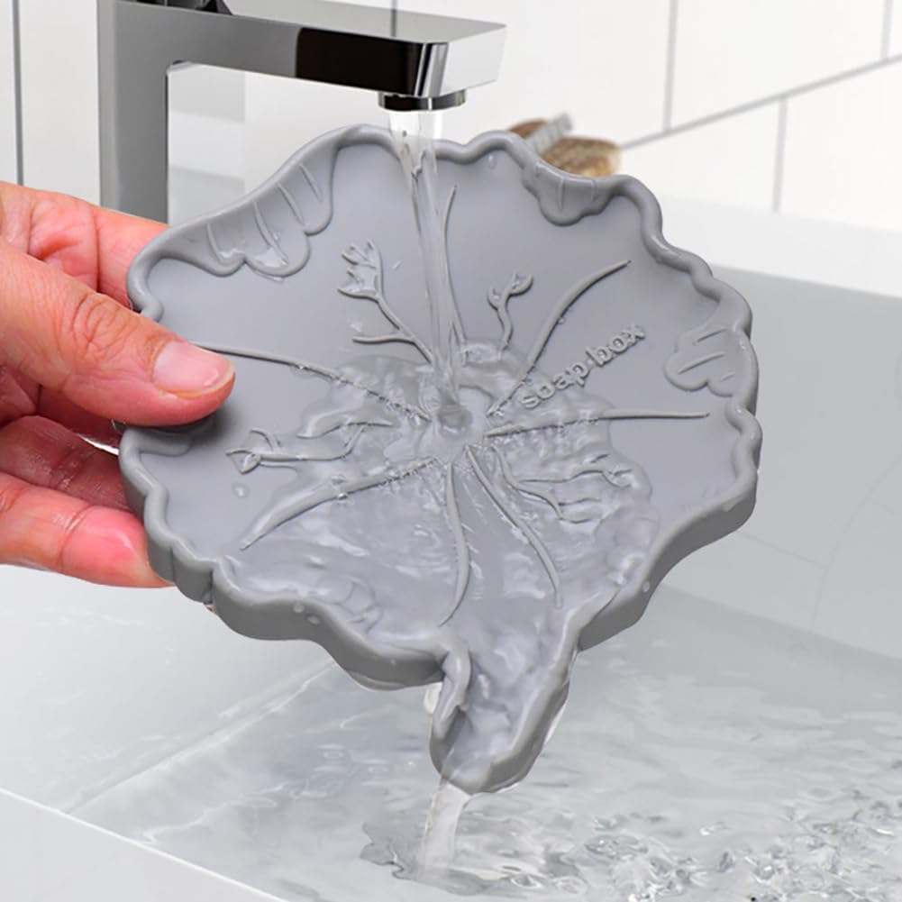 Creative Silicone Soap Holder Lotus Leaf Shape Non Slip Self Draining Light Grey