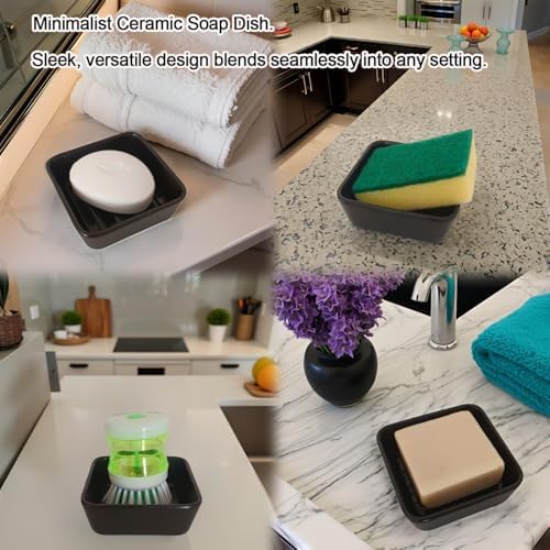 Vonpri Ceramic Soap Dish Square Drainage Holder for Bathroom and Kitchen