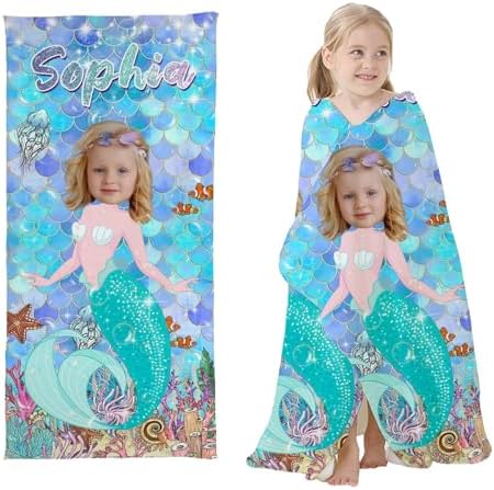 Personalized Mermaid Beach Towels for Kids Custom Name and Photo