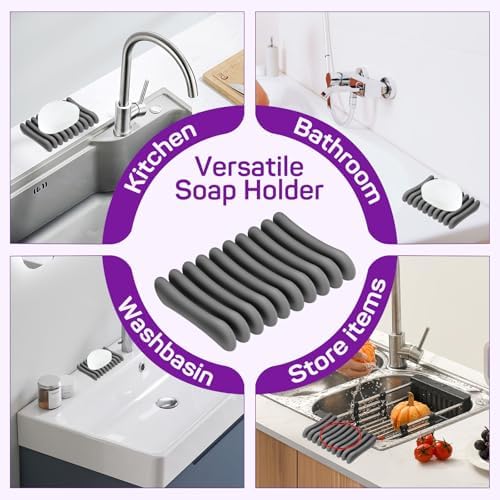 2 Pcs Self Draining Silicone Soap Holder - Waterfall Design Grey