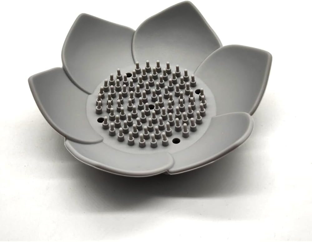 GXMRHWY Silicone Soap Dish Flower Shape Drain Holder Grey