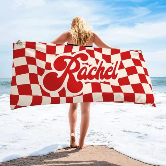Custom Beach Towel - Retro Checker Print Navy Personalized Pool Swim Travel Blanket