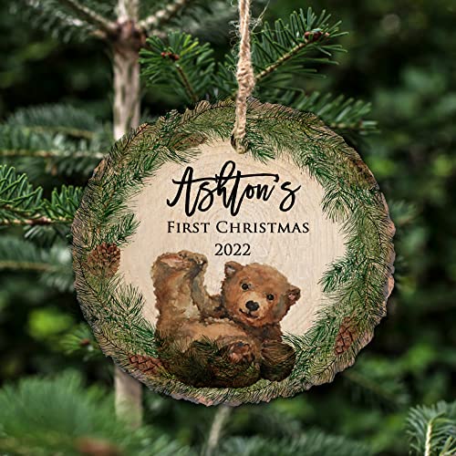 Babys First Christmas Ornament 2022 Natural Wood Slice Wreath
