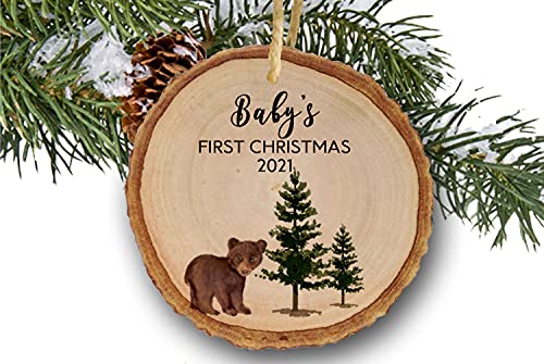 Babys First 1st Christmas Ornament 2022 Wooden Woodland Bear 1