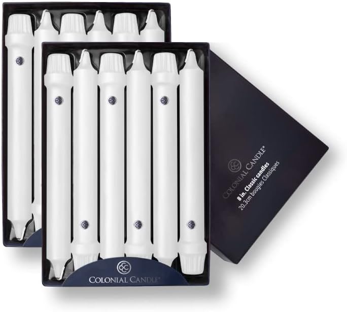 Colonial Candle Unscented Taper Candles Classic Collection White 8 Inch Pack of 12