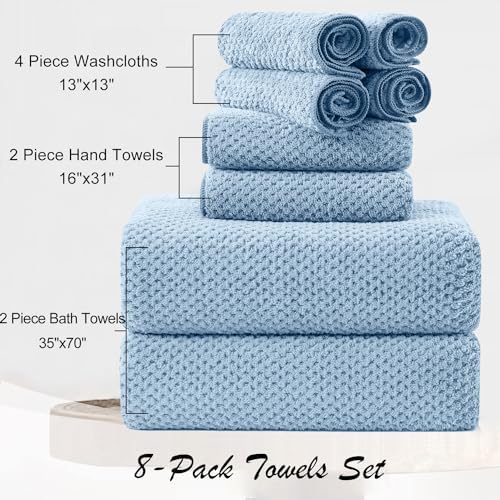 8 Piece Blue Family Towel Set - Large Bath Towels Hand Towels Washcloths