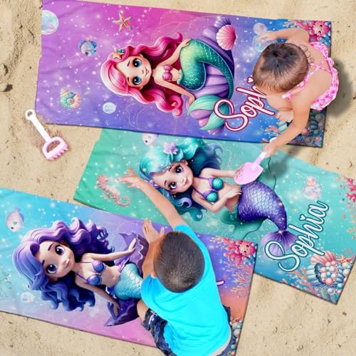 Personalized Kids Beach Towels with Names - Mermaid Design