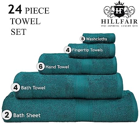 HILLFAIR 24 Pc Towel Set - 100 Cotton Teal