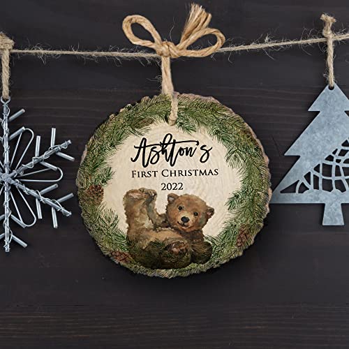 Babys First Christmas Ornament 2022 Natural Wood Slice Wreath