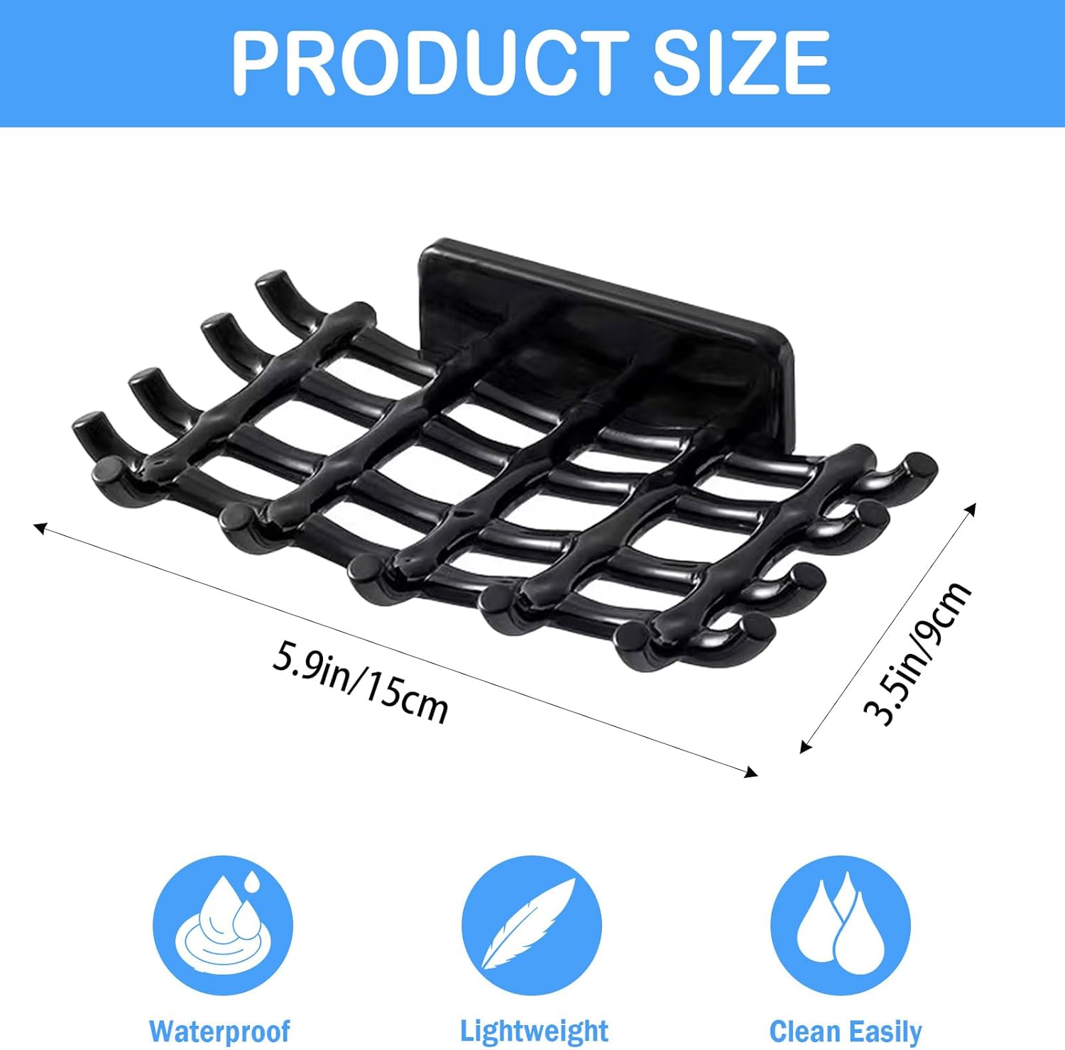 EOREA Self-Draining Soap Holder for Shower No Drilling Adhesive Hooks Black