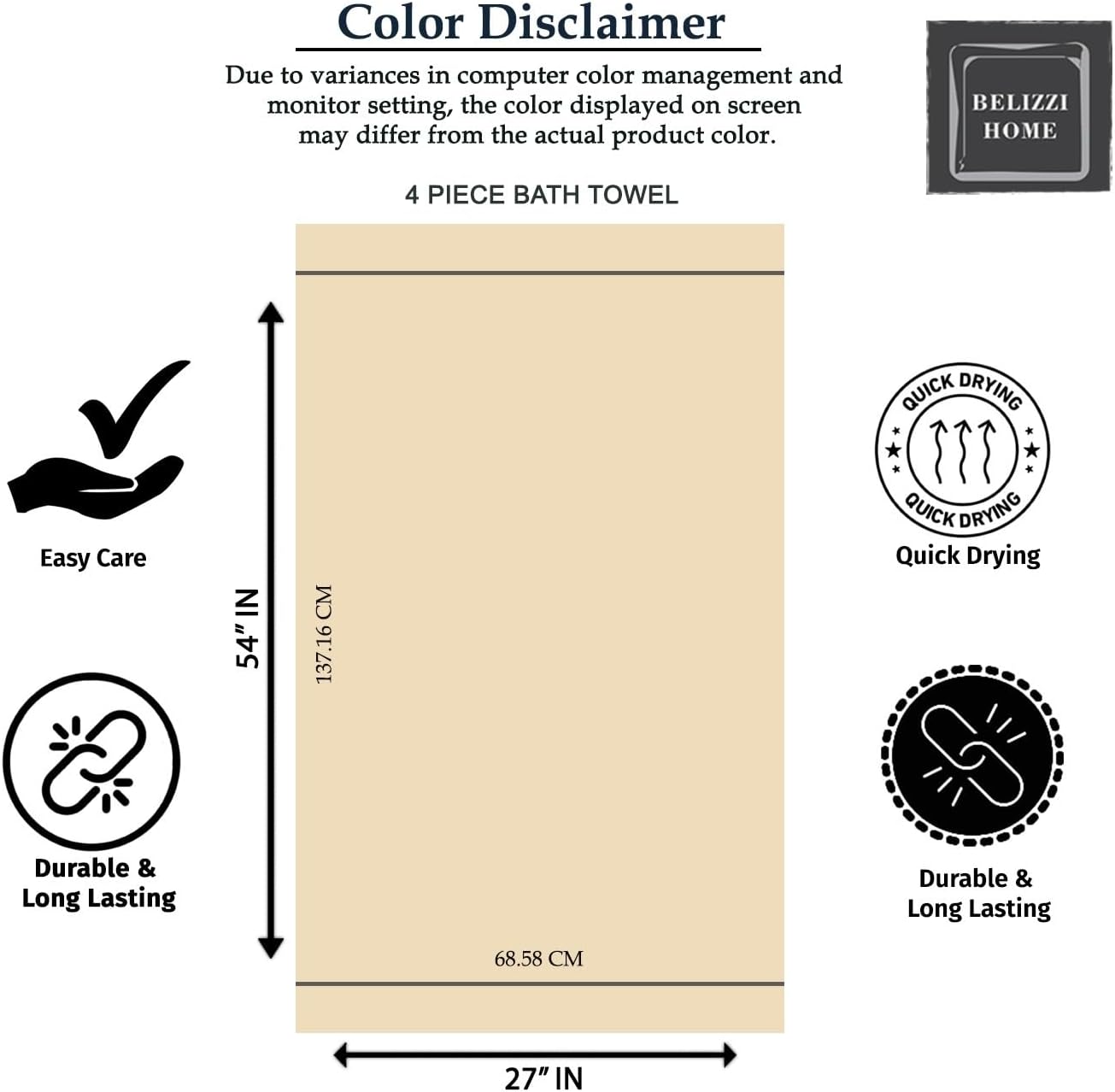 Belizzi Home 4 Pack Bath Towel Set 27x54 Tan